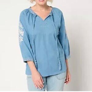 Belle by Kim Gravel Fresh Picked Stretch Denim Shirt Large Light Wash A679770